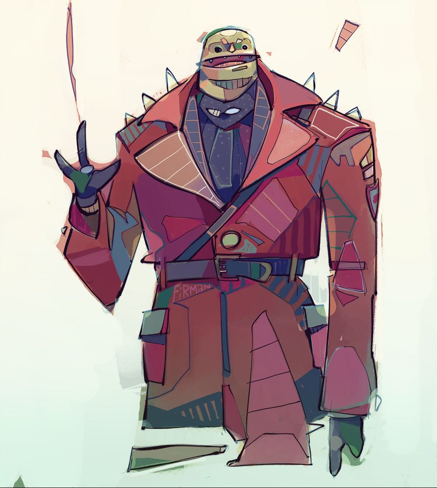An illustration of Toad as a Goomba from the 1993 live action Super Mario Bros film, which, let’s say, deviates slightly from expected Mario lore and imagery.  In this, Toad has been “de-evolved” by President Koopa into a form that is giant, lumbering and reptilian.  He has a goofy little round head that is outrageously tiny compared to rest of his broad body.  He wears a black shirt under a maroon trench coat, which is his Koopa uniform, and his three fingered, gloved right hand waves whilst he smiles widely.