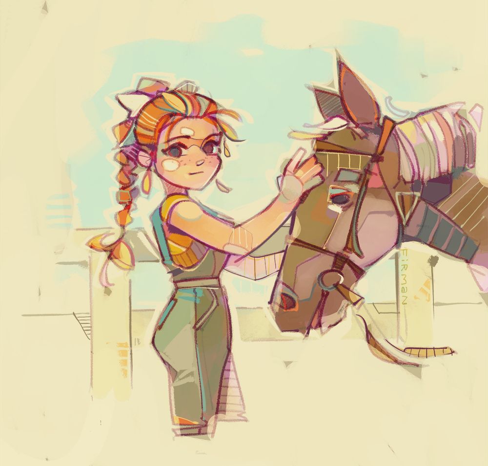 Illustration of the character Ann from the Harvest Moon franchise, petting a horse’s head.  She is a farmgirl with orange hair pulled back into a white bow and long braid.  She is angled to our right, towards a flaxen, bridled horse, but her head is turned towards the viewer with a tiny lift of the mouth corner: a subtle smile.  She wears a yellow short-sleeve tee under blue overalls.  The background is lazy but hopefully bucolically evocative, hinting at the shapes of a ranch rail fence behind her.