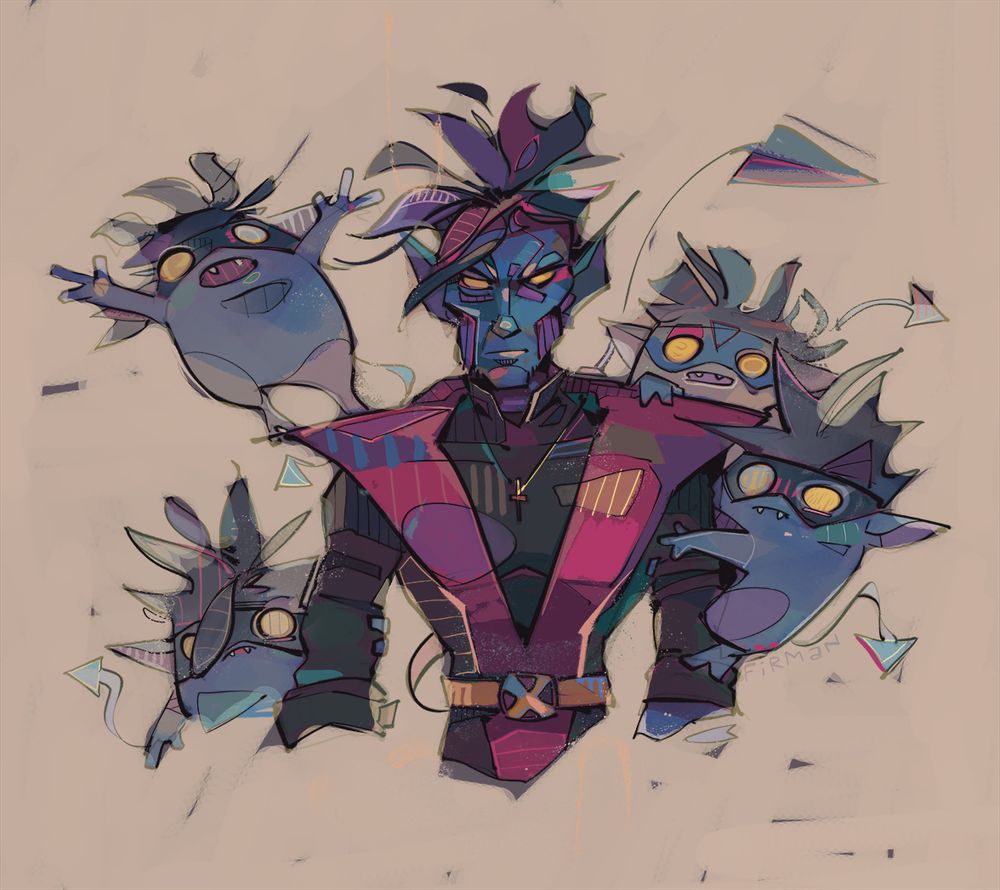 A portrait from the waist up of X-gene mutant Nightcrawler from Marvel comics, surrounded by mischievous imps that are mimicking his appearance.  He is blue, yellow-eyed, pointy-eared with messy black hair.  A crucifix is worn from his neck, and his black bodysuit also produces a red V shape that flares out at the shoulders.