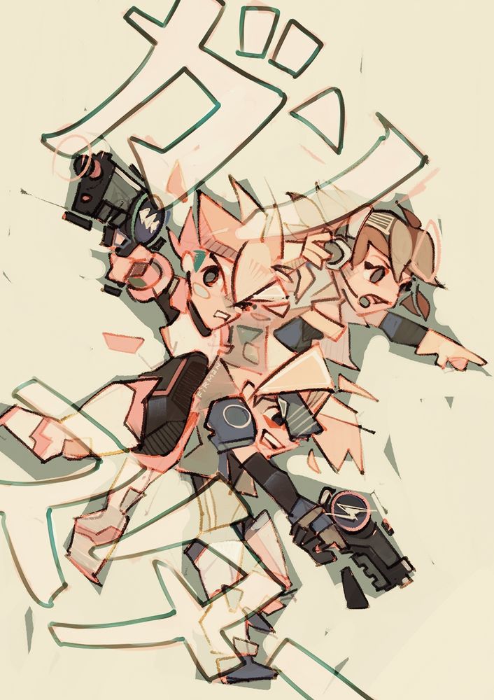 An illustration of a trio from the game Gunstar Super Heroes.  The characters Red & Blue are holding out their pistols in action poses, and behind them Yellow is pointing out targets and holding her earpiece shouting comms stuff.  ガンスター (GanSutā) is written out over the piece in large, semi-transparent katakana.