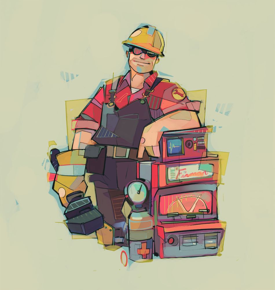 A Red engineer from Team Fortress 2 looks to the viewer with a small tranquil smile. His arm rests atop one of his Dispensers, his other hand, in a thick yellow glove, hangs to his side and holds his large Uhlman Build-Matic Wrench, which looks like a retro monkey wrench.  He wears a yellow hard hat and welding goggles with circular lenses.  He wears a red collared shirt with sleeves rolled up, over a white tee and under dark overalls.  His belt sports pouches, and he has yellow kneepads on, you guessed it! His knees.  The aforementioned Dispenser, or Dispense-O-Matic 9000 Provisions Dispenser,  is one of his contraptions which provides healing and ammunition to proximal teammates.  It is red, belly high, and adorned with various retro electronic elements like screens, buttons, and gauges.