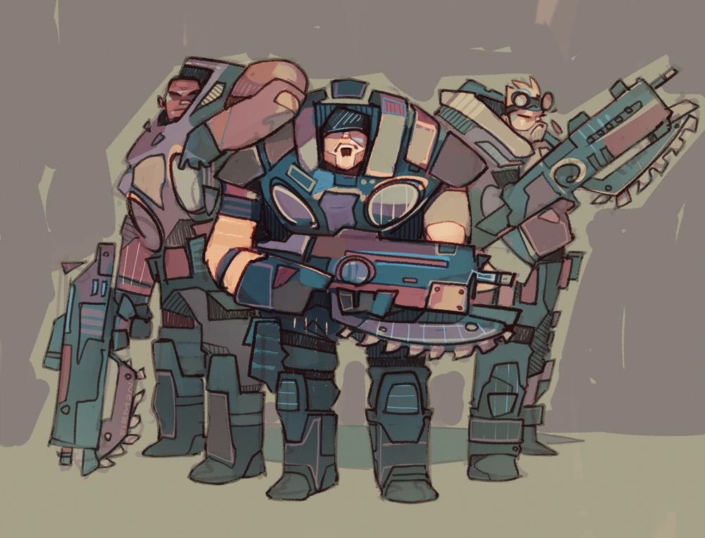 A drawing of Gears of Wars characters Augustus Cole, Marcus Fenix, and Damon Baird. They’re drawn light-heartedly with beefy proportions in beefy armour, each holding a rifle with chainsaw at the front like it’s a bayonet. Cole rests his elbow on Fenix’s shoulder, and they all scowl.
