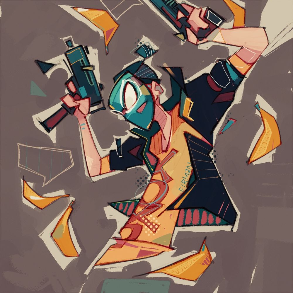 An illustration of the masked player character from the game My Friend Pedro by DeadToast, published by Devolver.  He is holding up two firearms with bananas floating around him.  His hair is an undercut top knot and his mask is dark and featureless but for the glowing white eyes.  He wears a black jacket with yellow trim over a long yellow tee with “XOXO” written vertically down the front.