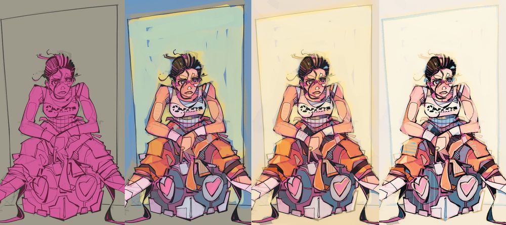 Some of the colour stages of an illustration I made of Chell from Portal