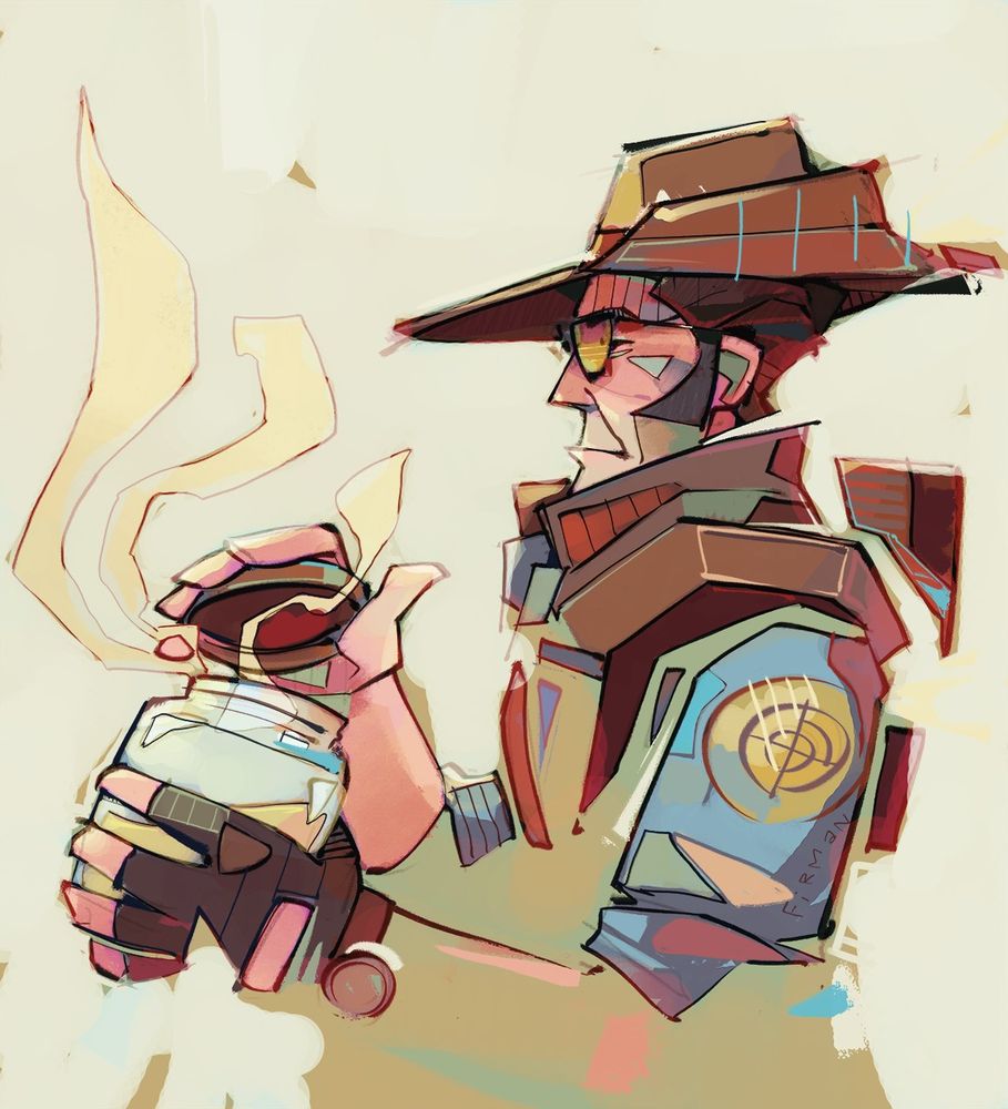 The BLU sniper from Valve’s Team Fortress 2, either opening or sealing Jarate, which is a jar of urine.  Yellow fumes are escaping and mirror the tint of his aviator glasses, worn under his Australian slouch hat.