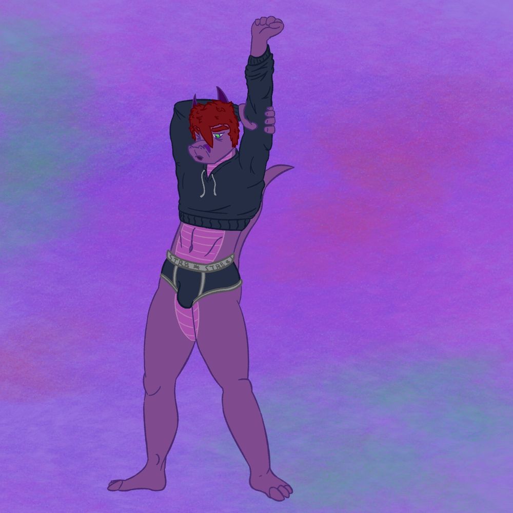 Mark stretching his body after a long cuddle session, he is only wearing a crop top dark blue hoodie and a pair of boxer briefs of similar color