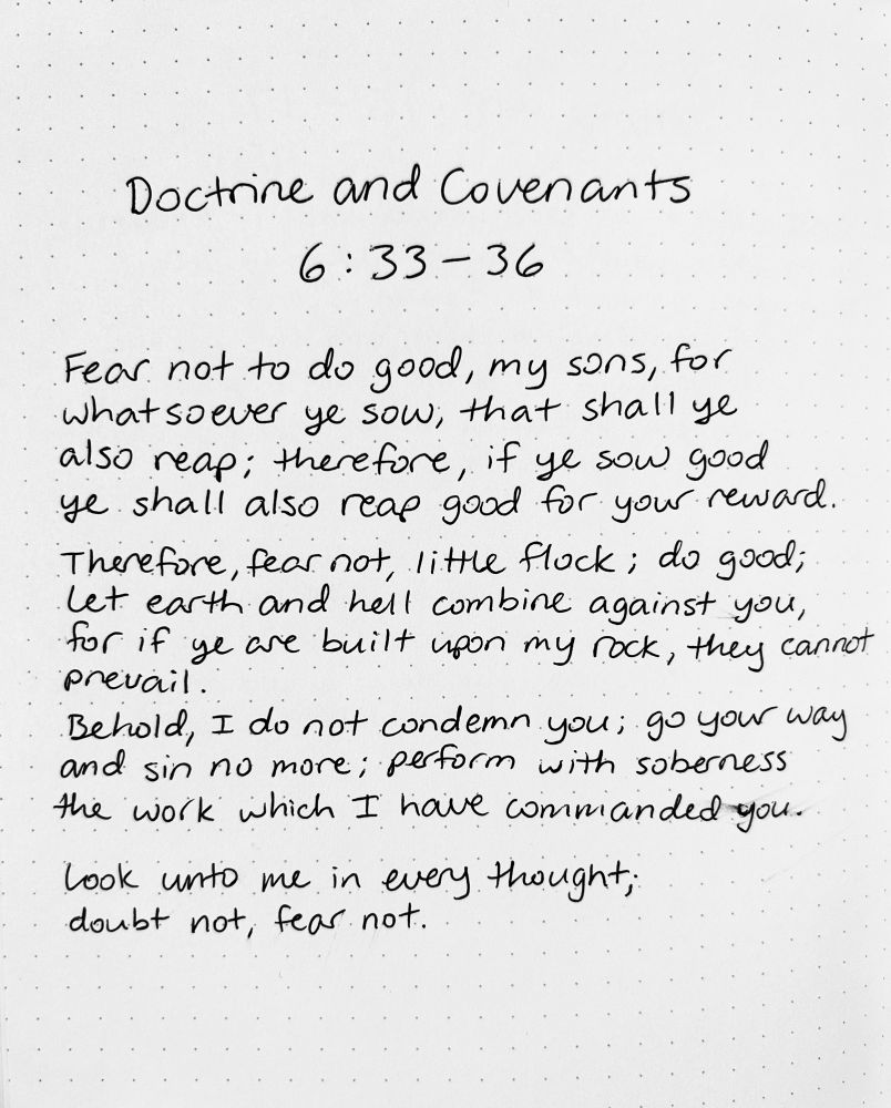 Doctrine and Covenants 6:33-36
Fear not to do good⁠, my sons, for whatsoever ye sow⁠, that shall ye also reap; therefore, if ye sow good ye shall also reap good for your reward⁠.
Therefore, fear not, little flock⁠; do good; let earth and hell combine against you, for if ye are built upon my rock, they cannot prevail.
Behold, I do not condemn you; go your ways and sin no more; perform with soberness the work which I have commanded you.
Look unto me in every thought⁠; doubt not, fear not.