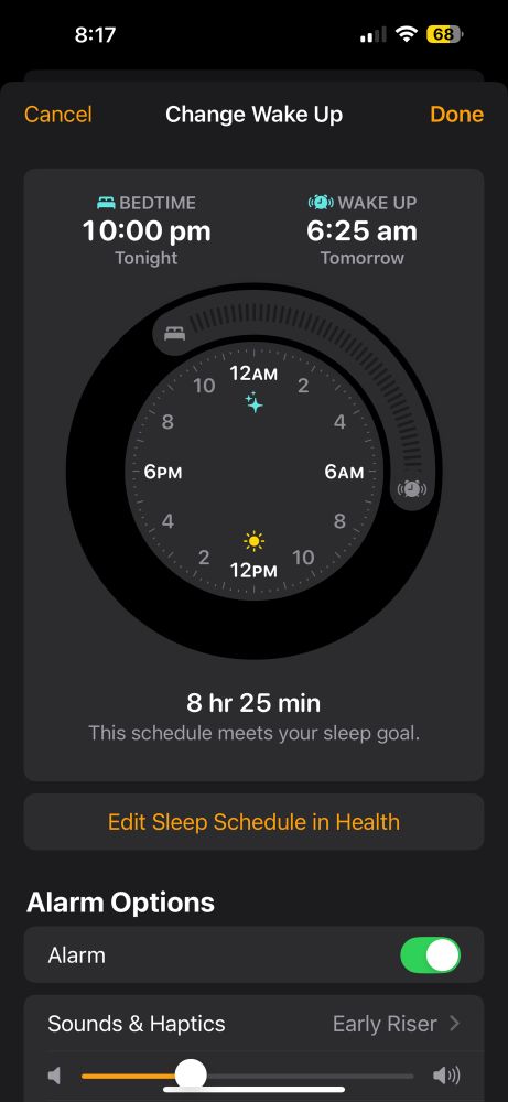Sleep and wake up schedule on iPhone. Time wheel and options. 