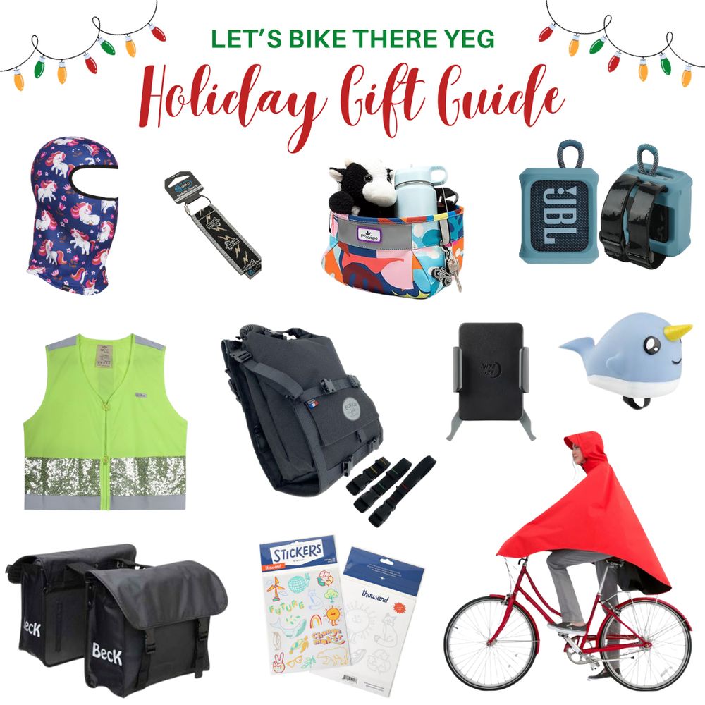 A collection of 12 product photos with the headline: "Lets Bike There YEG Holiday Gift Guide"