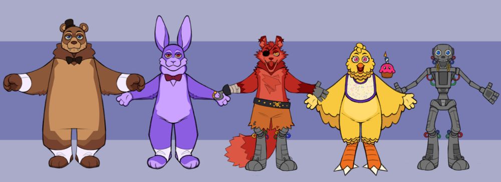 A lineup of Freddy, Bonnie, Foxy, Chica, and an endoskeleton from Five Nights at Freddy's 1