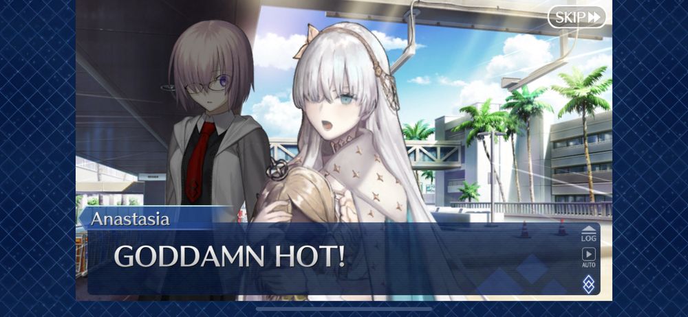 Anastasia from Fate/Grand Order screaming GODDAMN HOT! Mash is in the background shocked