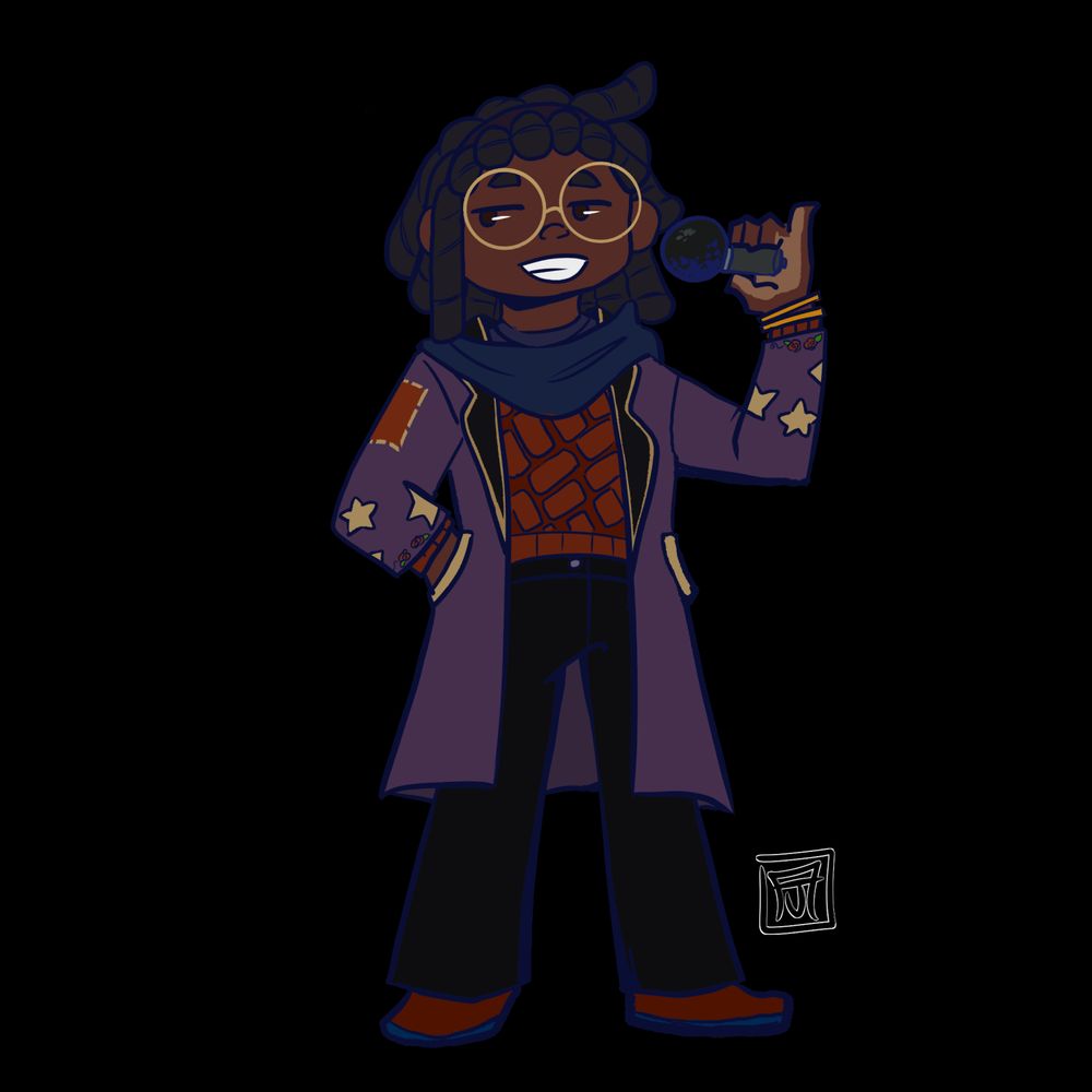 Chibi of a person with dreads, he holds them back with a thin headband. They wear golden glasses, a blue scarf, red sweater, and black bellbottoms. He wears a purple jacket with gold stars.