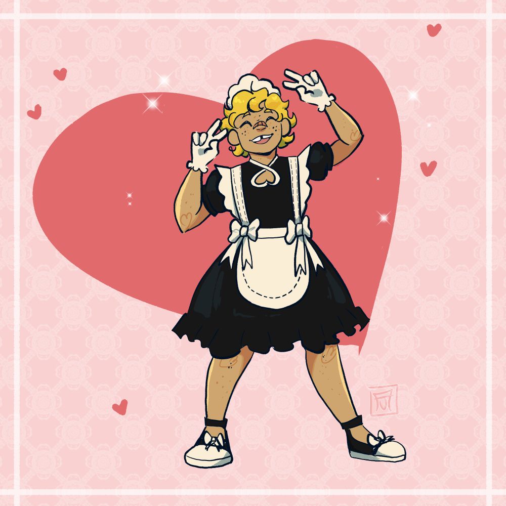 Imber's oc Ducky in a maid dress, and a heart theme