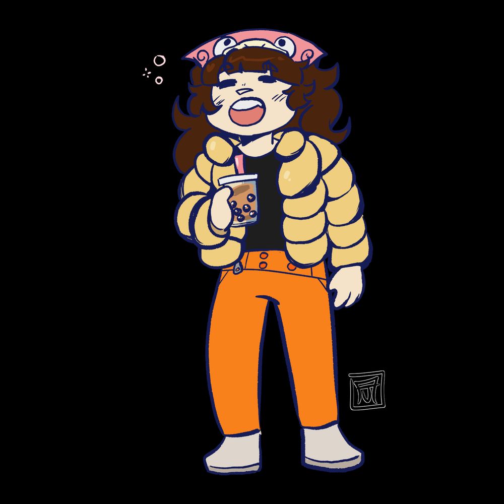 A chibi of a girl with brown hair. She stands in a yellow puffer jacket, and orange pants. Her bandana features a Slowbro from Pokemon! She holds a boba in her hands.