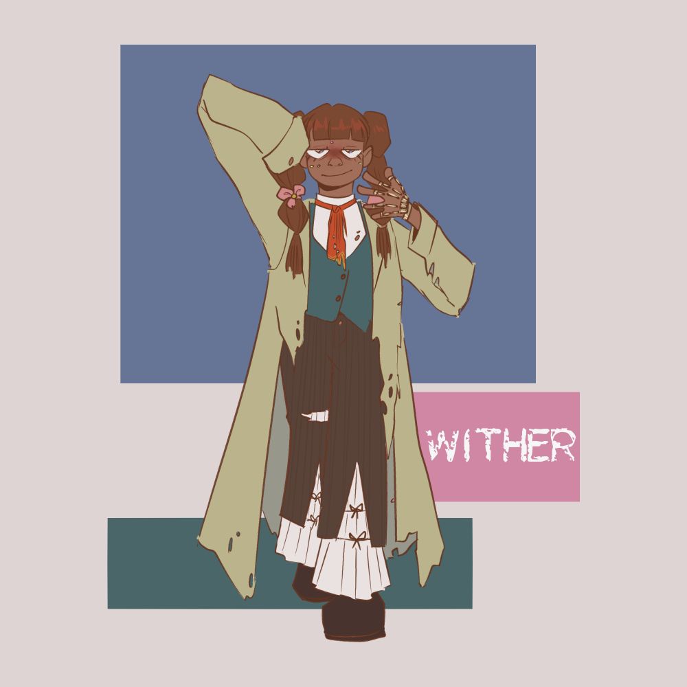 Oc Wither, goddess of decay, she wears a bubble hairstyle with ripped oversized repurposed clothes