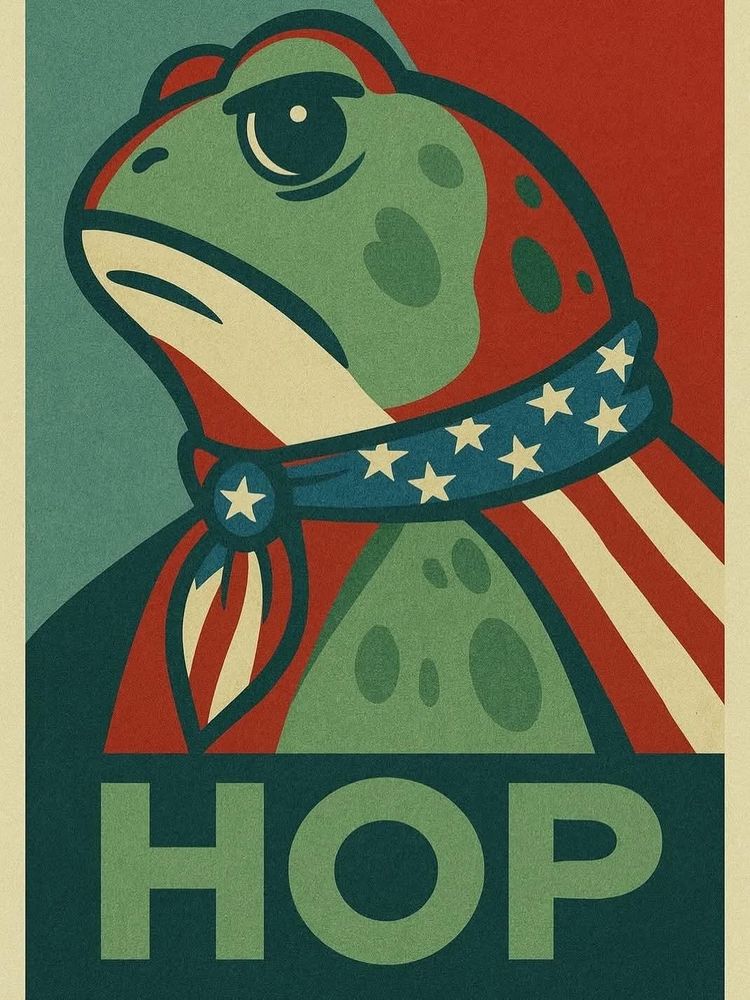 Poster in the style of Obama's Hope campaign featuring a green frog and it says Hop 
