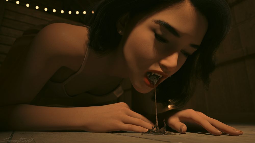 A female vampire looms prone above a three-inch-tall man with her mouth open and a long trail of saliva drooling out of her mouth and onto him.