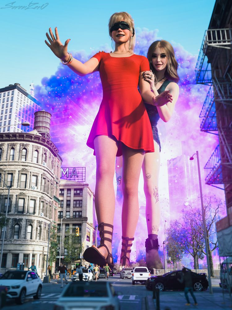 A 3D render. A busy city street on a sunny afternoon. Two gigantic young women, about 10 stories tall, emerge from a portal of pink and purple magic. The first woman is smiling and blindfolded, led from behind by her friend. At their feet, people flee in panic.