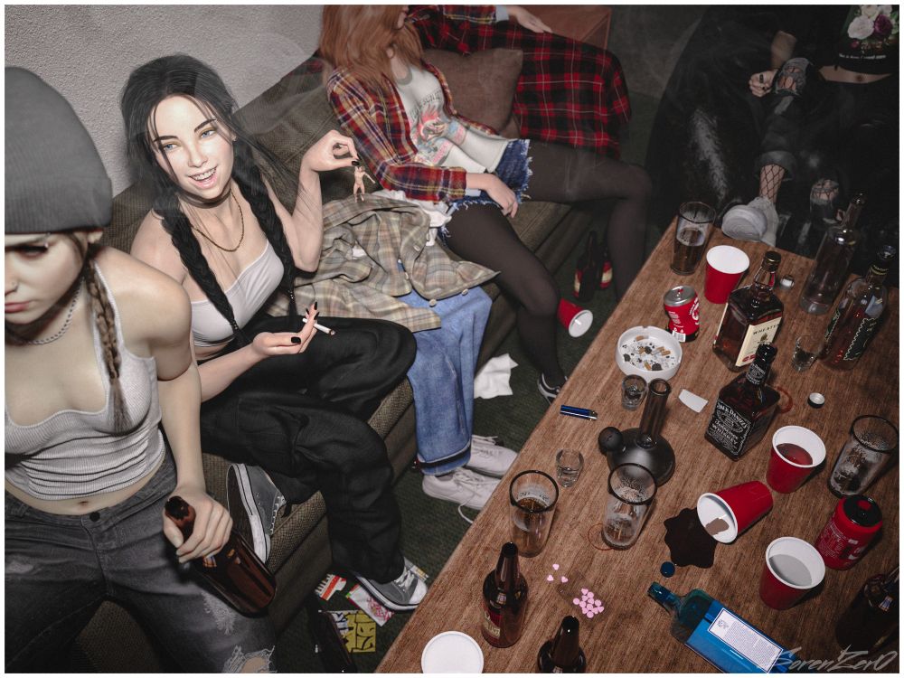 A 3-d render of a messy, crowded, house party. A smiling young woman holds a shrunken person, only a few inches tall, between forefinger and thumb, plucked from an empty pile of clothes. 