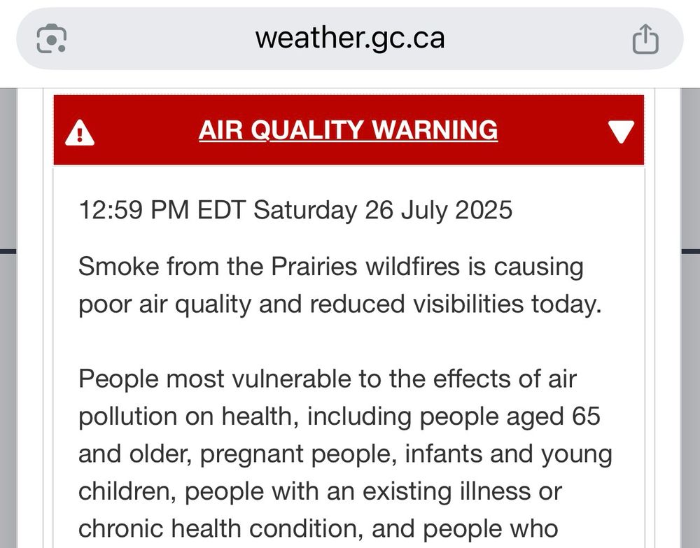 Air quality warning from environment Canada from Montreal