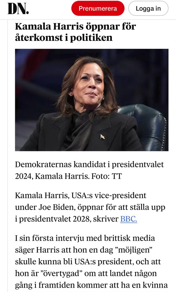 Nyhetsklipp ur Dagens Nyheter. Kamala Harris öppen för möjligheten att kandidera till USAs president.