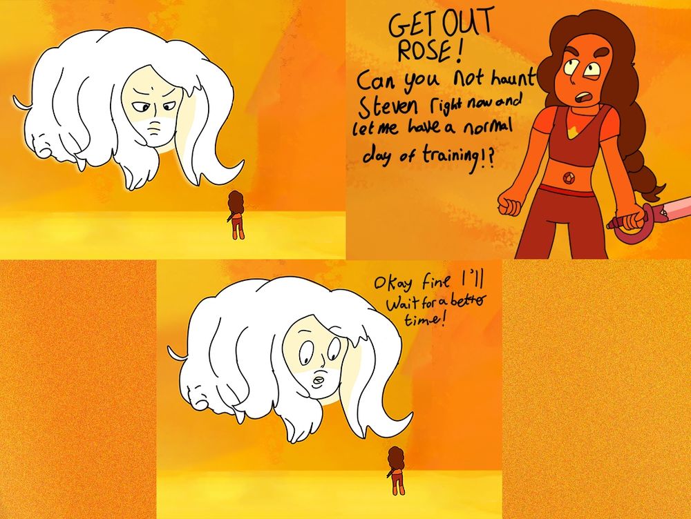 The butterflies form the head and hair of Rose Quartz, glaring down at them in disappointment. However, the controller was plugged into the second port, blocking Steven's thoughts.
Stevonnie: GET OUT ROSE! Can you not haunt Steven right now and let me have a normal day of training!?
Rose: Okay fine I'll wait for a better time.