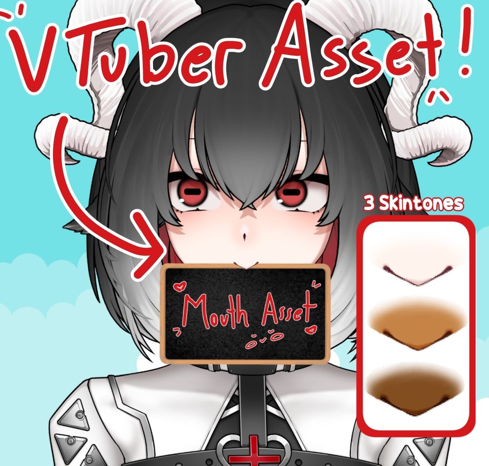An image of scryptid (a goat vtuber) advertising a vtuber mouth asset. Theyre using it on their mouth which looks like a "v" shape, and holding a sign that says "Mouth Asset". Off to the side are three skintone variations of the asset.