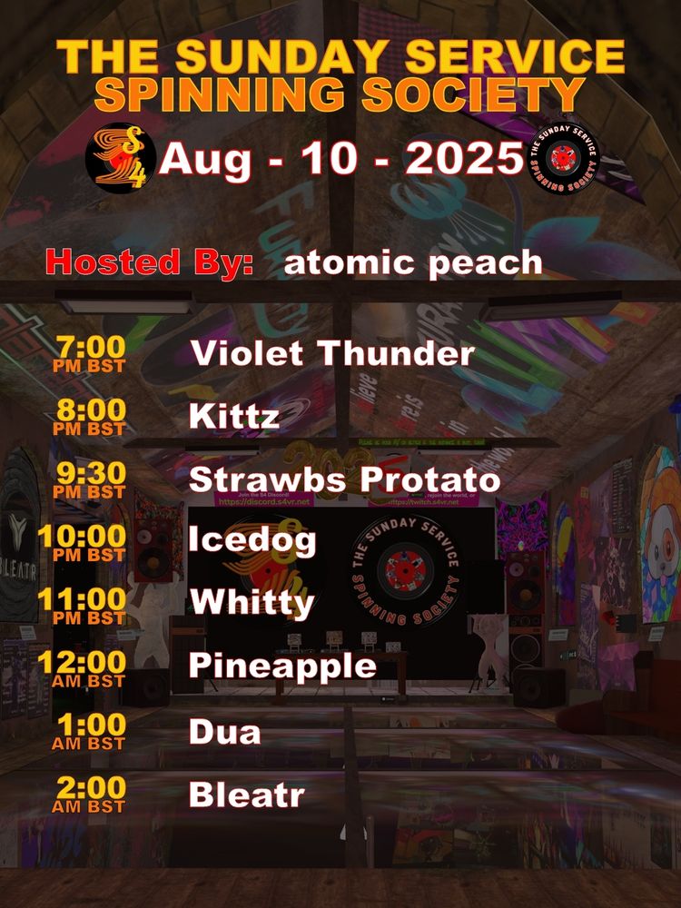 A poster for the August 10th Sunday Service VRChat event