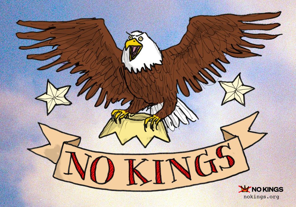 Graphic with a cartoon bald eagle carrying an upside-down crown over a banner reading "NO KINGS." Now in glorious color with a bit of 35mm film clouds at sunset as the background. NO KINGS logo and nokings.org URL at bottom right.