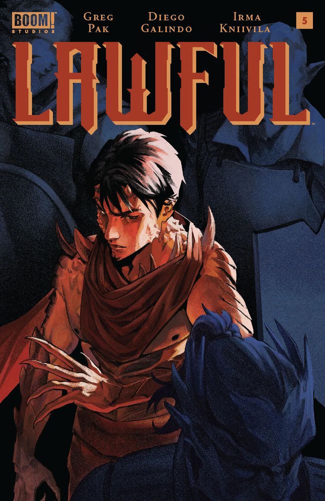 LAWFUL #5 cover by Quistina Khalidah showing our hero Sung, a young Asian American, man with red scales and horns on his shoulders, walking warily through a crowd of armored people.
