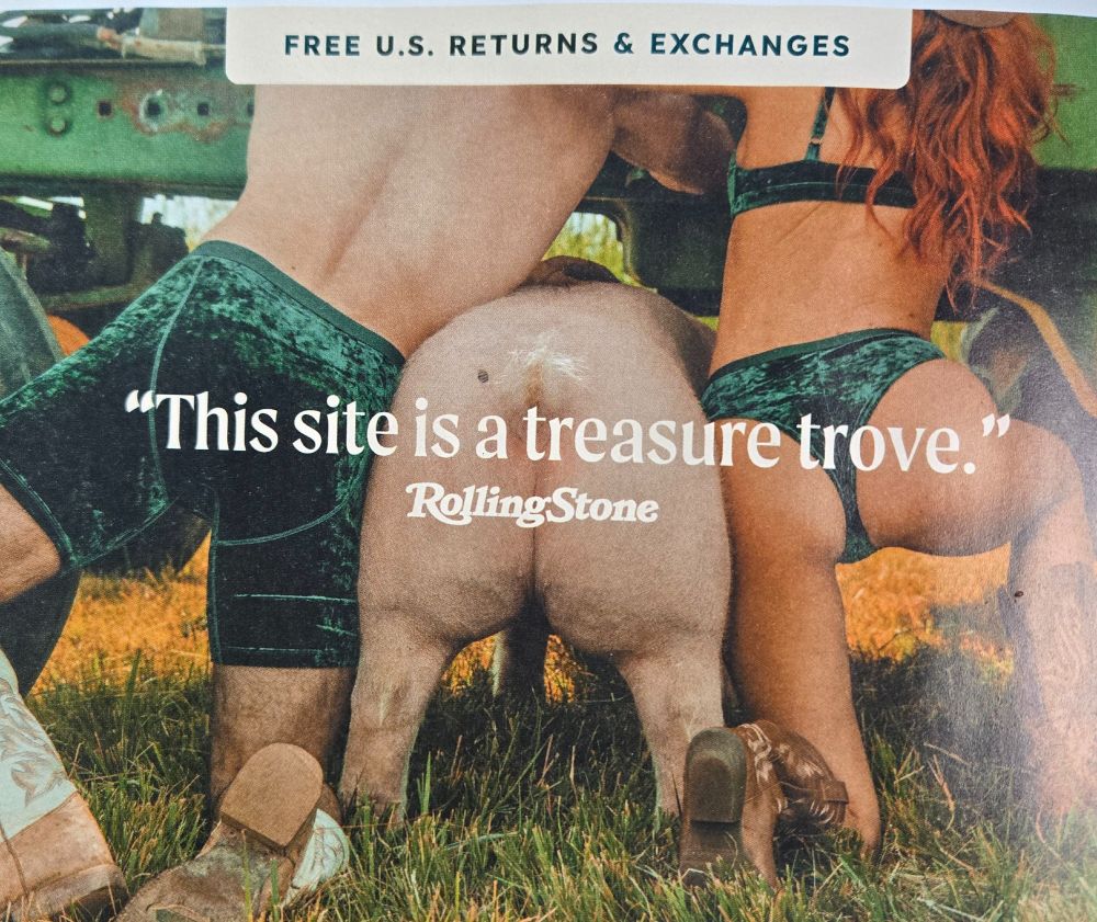 You got a picture. In this picture there are two models, one male presenting and one female presenting. Both are wearing what appears to be crushed velvet underwear. The photograph is focused on their butts. In between these models there is a naked pig, also perfectly framed for a butt shot. 

Two levels of text 
TOP: FREE U.S. RETURNS & EXCHANGES

MIDDLE: "This site is a treasure trove."
- Rolling Stone 