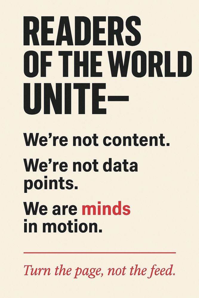 Readers of the world unite. We’re not content. We’re not data points. We are minds in motion. Turn the page, not the feed. 
