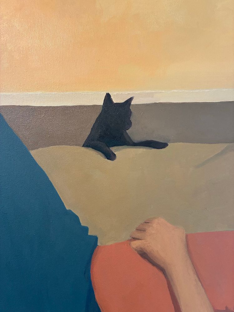 Painting of a black cat standing with paws on a beige bed looking at a person in orange and blue lying down 