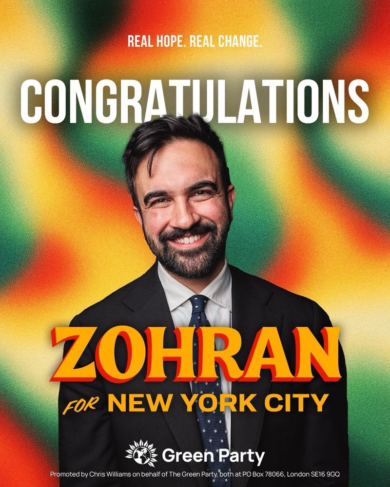 Poster from Green Party congratulating Zohran Mamdani 