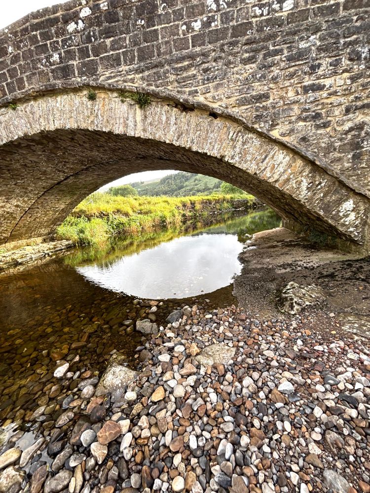 River under bridge with stones in foreground greenery and sky on the other side 