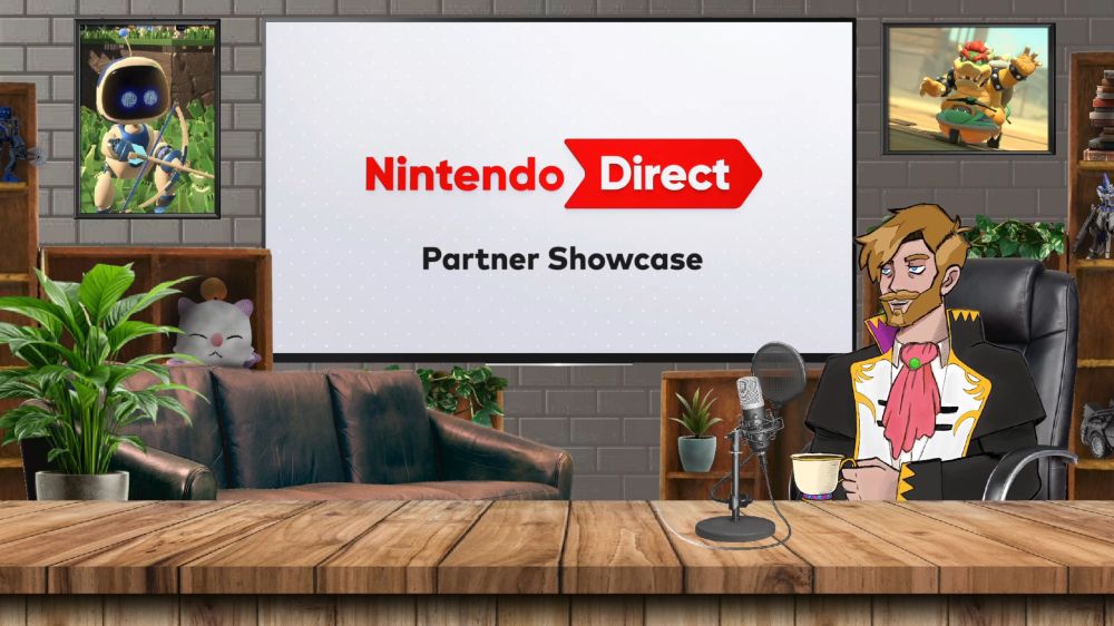 ChewieCoffee sits at a desk while the Nintendo Direct Partner Showcase plays on a TV in the background