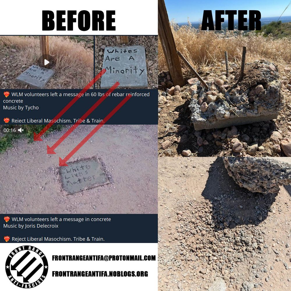 A collage of different screenshots and photos showing two cement plaques in the dirt posted to social media by the racist group White Lives Matter. The plaques say 