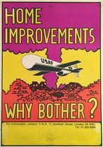 An image from the 1980s depicting an American cruise missile flying over a pile of rubble and bricks. The image has text that says 'Home improvements, why bother?'