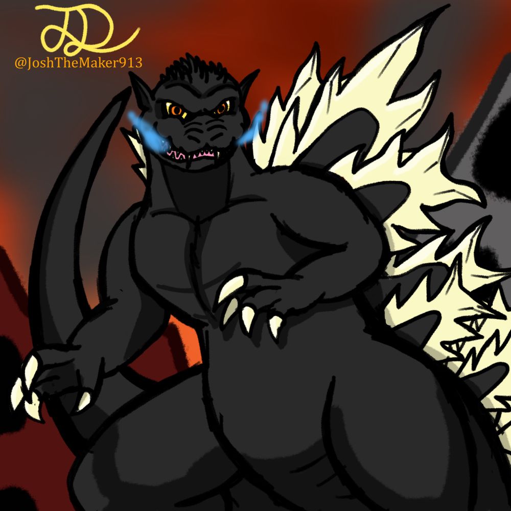 A digital drawing of Godzilla. Blue smoke is emitting from his mouth. Behind him is destroyed buildings with smoke coming out of them.