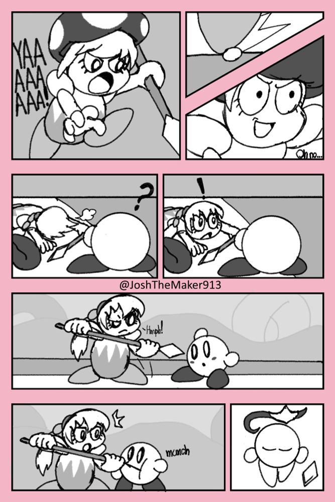 Tiff lets out a battle cry as she charges at Kirby. However, she trips over a pebble on the ground. Realizing that she fell next to Kirby, she gets up immediately and points her spear at Kirby. Kirby eats Tiff's spear, transforming into Spear Kirby.