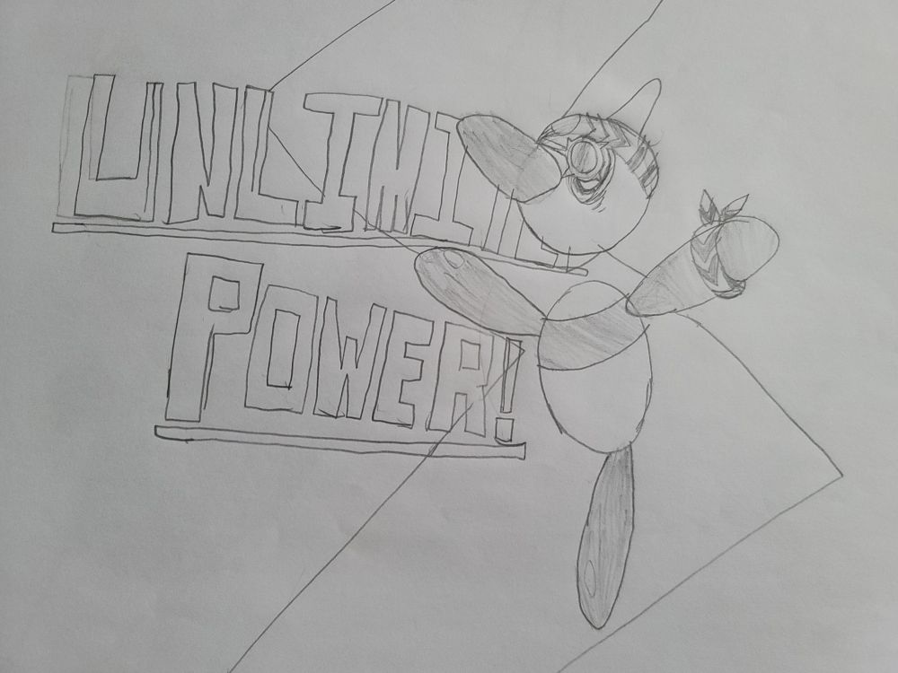 A traditional pencil drawing of the Pokémon Porygon-Z wearing a Choice Band, Choice Specs, and Choice Scarf all at the same time! The caption fittingly says "UNLIMITED POWER!"