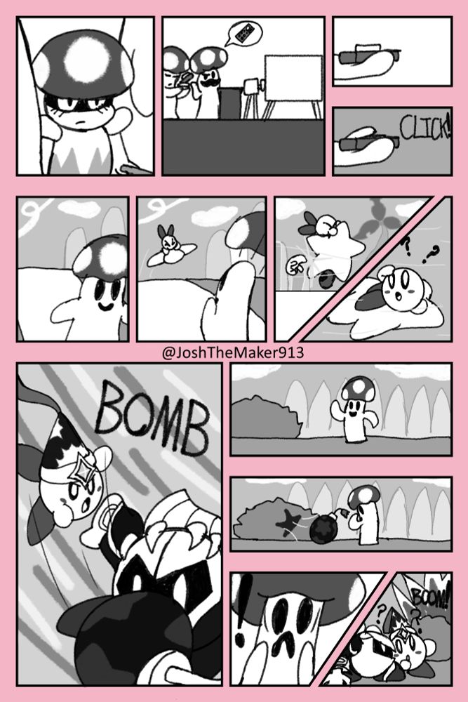 The Cappies are making noise as a brave Cappy girl looks in determination. The Mayor asks another Cappy to send him a remote as he plays a video from his projector showing the many injustices that Kirby has done. A Cappy walks around as Kirby bumps into it via Warp Star. The pink puff looks back in confusion. In another instance, Kirby is fighting Meta Knight with the Bomb Copy Ability equipped (he didn't feel like using a Sword this time) when one of his bombs rolls its way to an unsuspecting Cappy, blowing up instantly, much to Kirby and Meta Knight's confusion.
