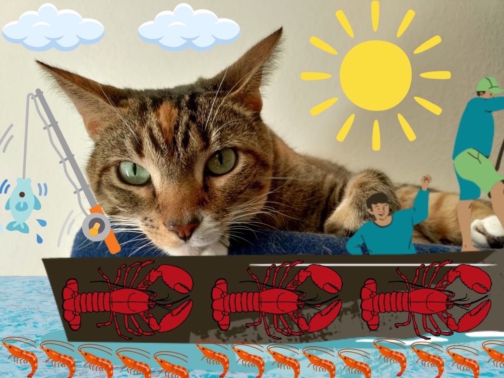 Missy, a brown tabby tuxedo cat, edited to add ocean water and a boat beneath her, a sun and clouds in the 'sky' above her, two human fishermen sharing the boat with her on our right, a fishing pole pulling a fish from the water next to her on our left, red lobster drawings decorating the brown boat, and little orange shrimps dancing on the water below