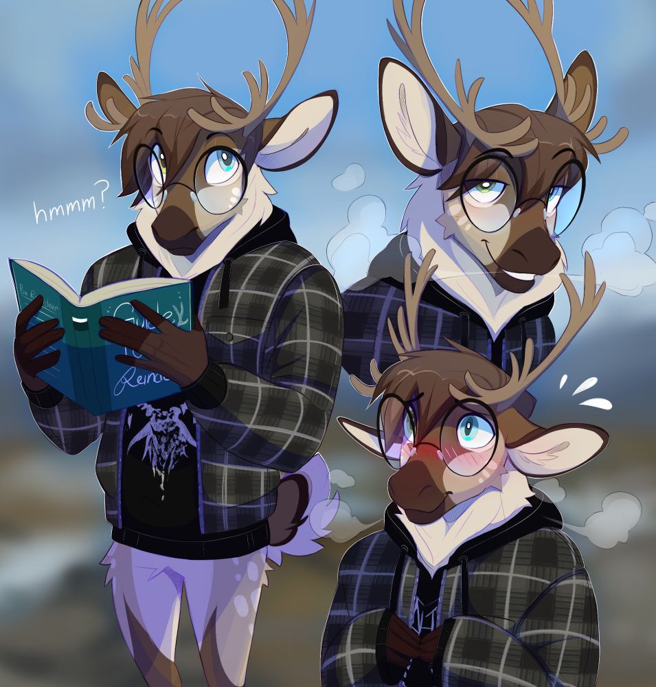 reindeer in plaid jacket and black hoodie. character page comm for zephy2002