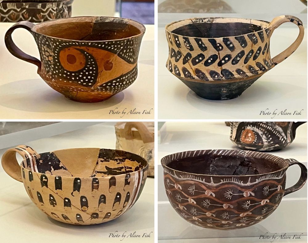 My photo collage shows four Minoan ‘Kamares Ware’ cups from Bronze Age Crete which look similar to modern tea or coffee cups. Heraklion Archaeological Museum display information says these luxury ceramics were made in palace workshops and used by the elite of the community for wine consumption at palace banquets.

This style of pottery derives its name from the Kamares Cave on Mount Ida, where this type of pottery was first found. Some Kamares cups with extremely thin walls are known as ‘eggshell’ ware. The cups at bottom left and right are examples of eggshell ware.

The cups have decorative motifs as follows:

Top left: single-handled carinated cup (i.e. with sharply angled body) painted black and decorated with a dense pattern of small white spots surrounding a large red geometric motif. From Phaistos, 1800-1700 BC

Top right: single-handled beige carinated cup decorated with three rows of black oblong shapes, each with two white dots inside. The oblongs in the first and third rows slant to the left, the middle row slant right. The lower third of the cup is painted black and the handle is beige. From Phaistos, 1800-1700 BC

Bottom left: single-handled hemispherical ‘eggshell’ cup decorated with three rows of upright black oblongs each with a white dot inside on a beige ground. A white and red stripe runs vertically down the exterior and interior of the cup and handle. From Phaistos, 1800-1700 BC

Bottom right: single-handled hemispherical ‘eggshell’ cup decorated with red and white stylised floral pattern on a glossy black ground. From Knossos , 1800-1700 BC