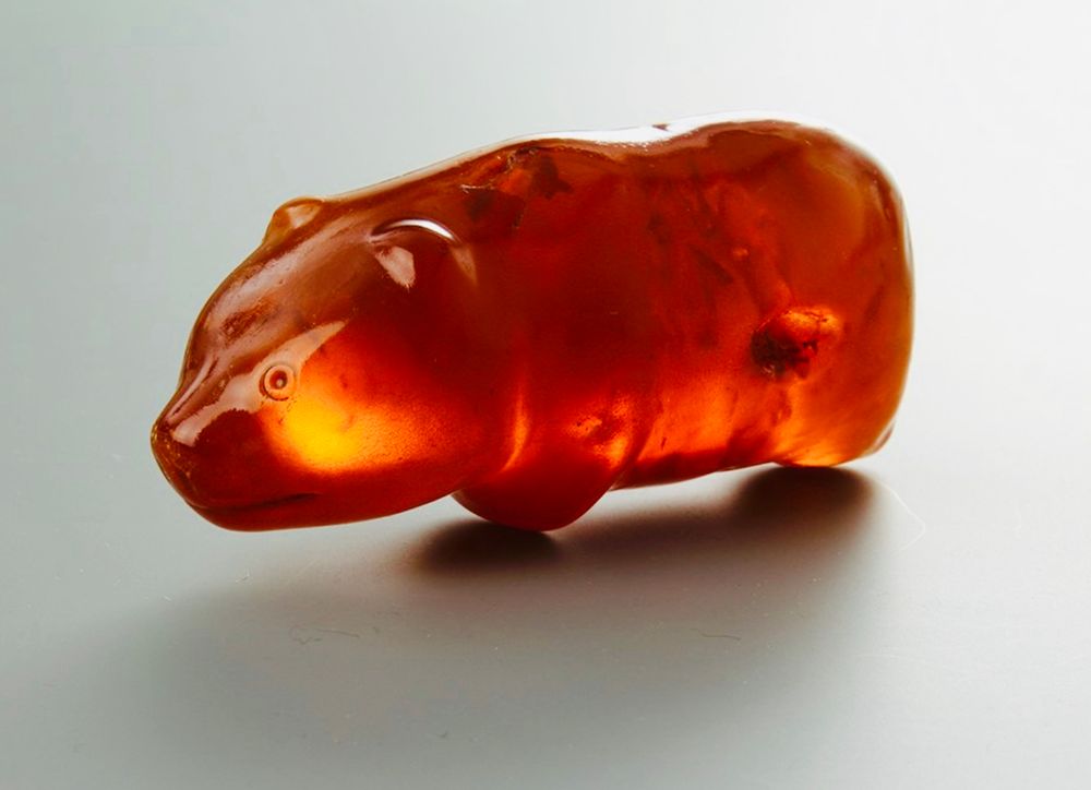 Photo by G. Solecki/A. Pietak of a small figurine of a bear carved out of amber between 9600 and 4100 BC. The amber is a deep translucent orange colour. The bear's head is carved to show ears, mouth, nostrils and eyes. A hole runs through the bear’s torso, suggesting it was threaded onto a cord and perhaps worn as a protective amulet. Dimensions: 10.2 x 4.2 x 3.5 cm.