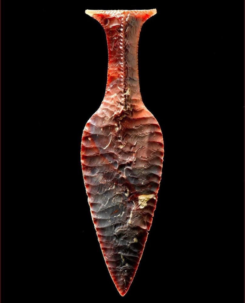 A photo of the Hindsgavl Dagger by Arnold Mikkelsen for the National Museum of Denmark in Copenhagen. It is knapped from flint which appears a burnt orange colour in the photo, displayed against a black background. The Hindsgavl Dagger is a type of late Neolithic flint blade known as a ‘fishtail’ dagger. It has a leaf-shaped body and a distinctive fishtail-shaped hilt. There is zig-zag knapping on the hilt which is said to mimic the stitched seam on leather handles of bronze daggers. The Hindsgavl Dagger is famous in Denmark and features on the Danish 100 Krone bank note. Dimensions: 29.5 cm in length. The blade is less than 1cm thick.
