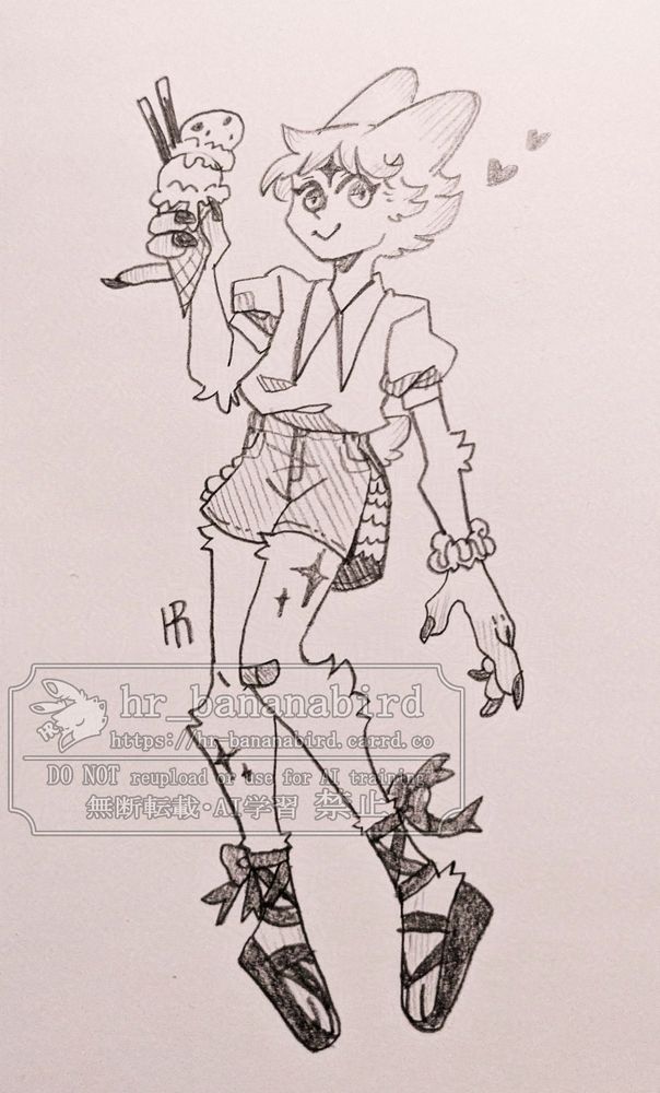 Traditional pencil art of a bunny-like humanoid with white fur, bunny ears and a tail. They are wearing a blouse, shorts, and black lace-up sandals, while holding an ice cream cone in their right hand and smiling towards the viewer.