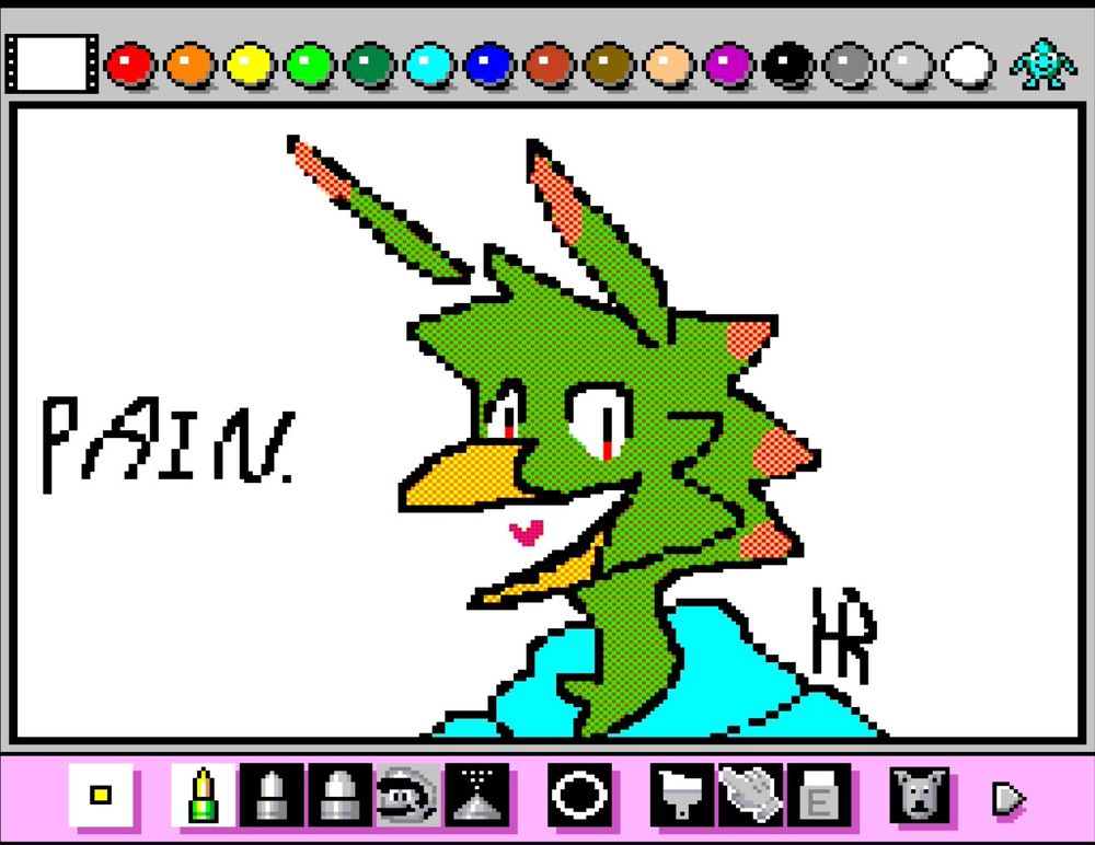 A doodle of an anthropomorphic bird with green and pink feathers and ear-like feathers, drawn in Mario Paint. Next to the poorly drawn smiling bird is the word "PAIN" written poorly.