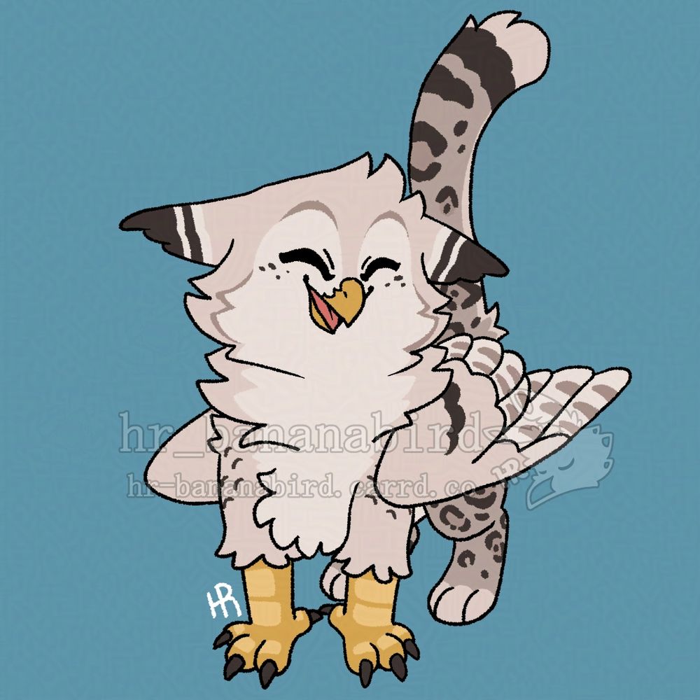 Digital art of a snowy owl and snow leopard gryphon, drawn in a chibi style. They are covered in white and gray feathers/fur, and have bird talon front paws and leopard spots covering their lower body. They are smiling with their eyes closed towards the viewer, and have their snow leopard tail held high up in the air.